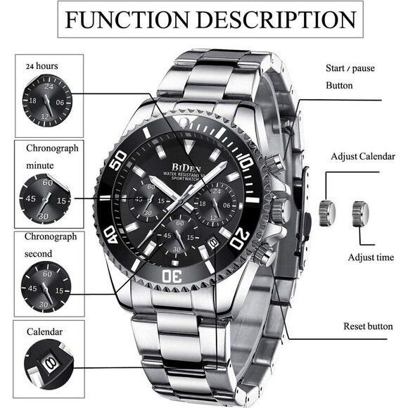 Mens Watches Chronograph Stainless Steel Waterproof Wrist Watches for Men - Picture 8 of 8